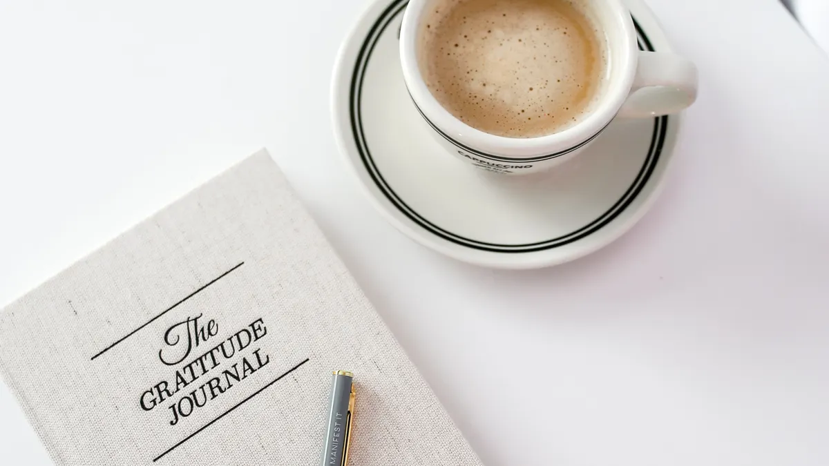 Journal prompts for gratitude Journal prompts for gratitude — Minimalist gratitude journal with coffee on table
